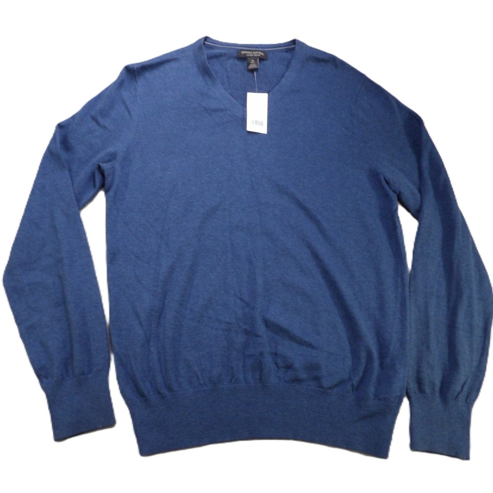 NWT Banana Republic Men Blue V-Neck Sweater Silk Cotton Pullover Long Sleeves M